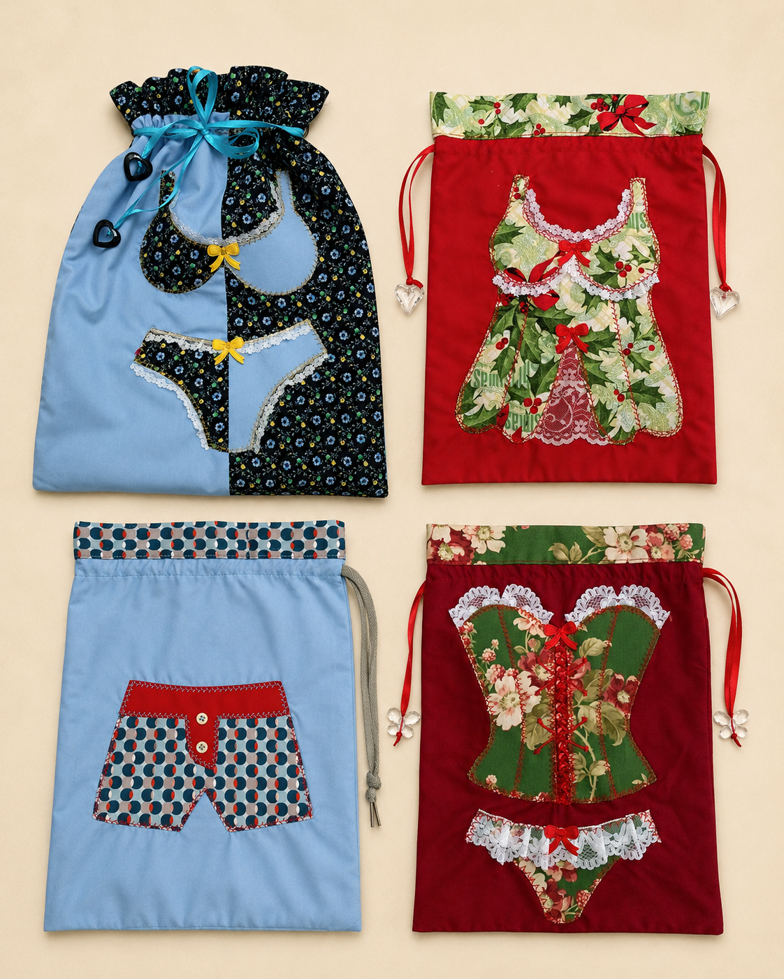Bolsas patchwork artesanales con diseños de ropa interior
